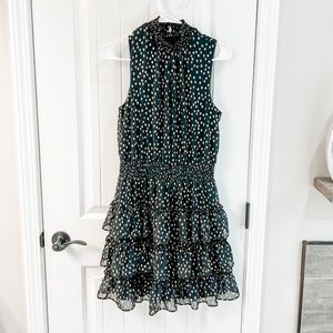 MSK Black Tiered Halter Dress Gold Polka Dots Size Medium
